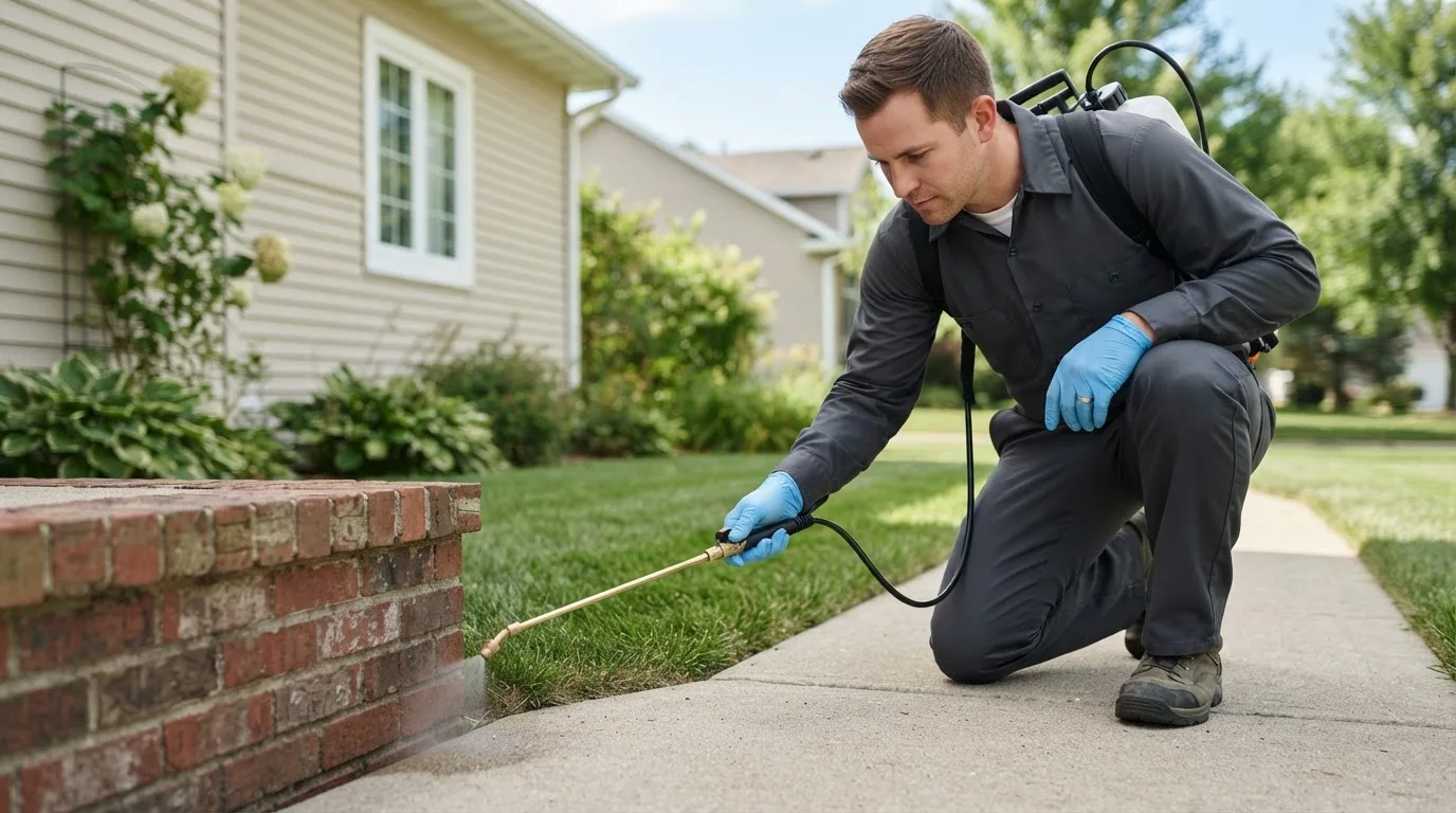 Pest control technician treating a home near Westgate, IA