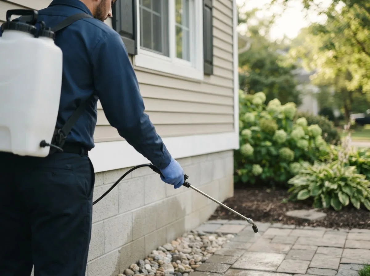 Pest control technician inspecting a home in Westgate, IA